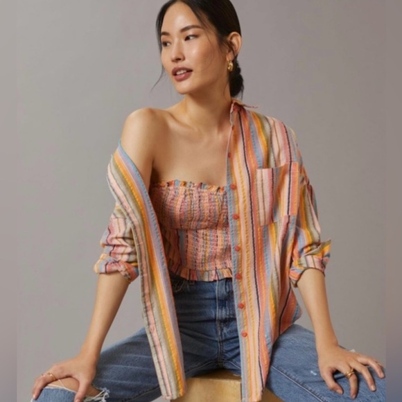 Anthropologie Pilcro long sleeve boyfriend striped shirt & smoked top set - Picture 2 of 10